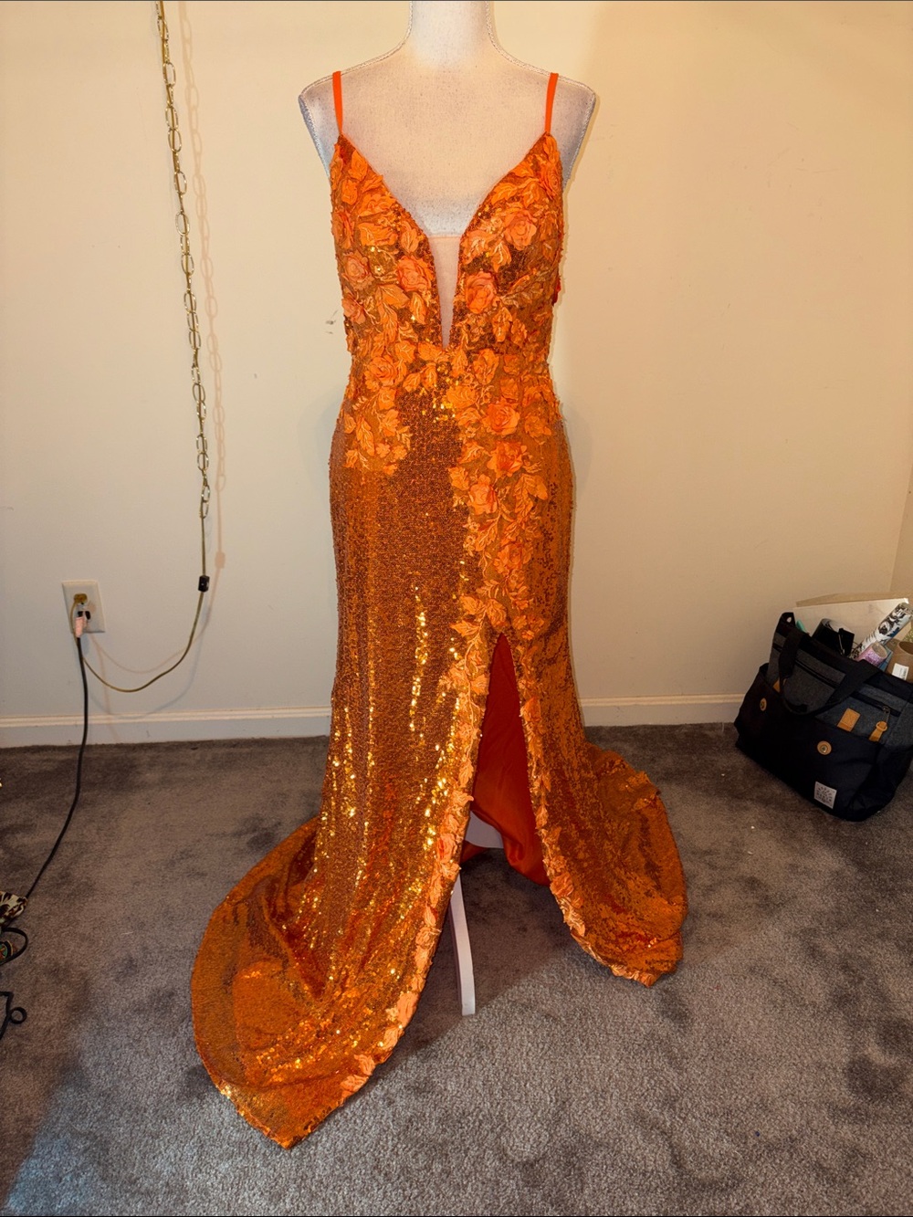 Hebeos orange sequin floral mesh maxi open back prom high slit dress - Picture 2 of 9